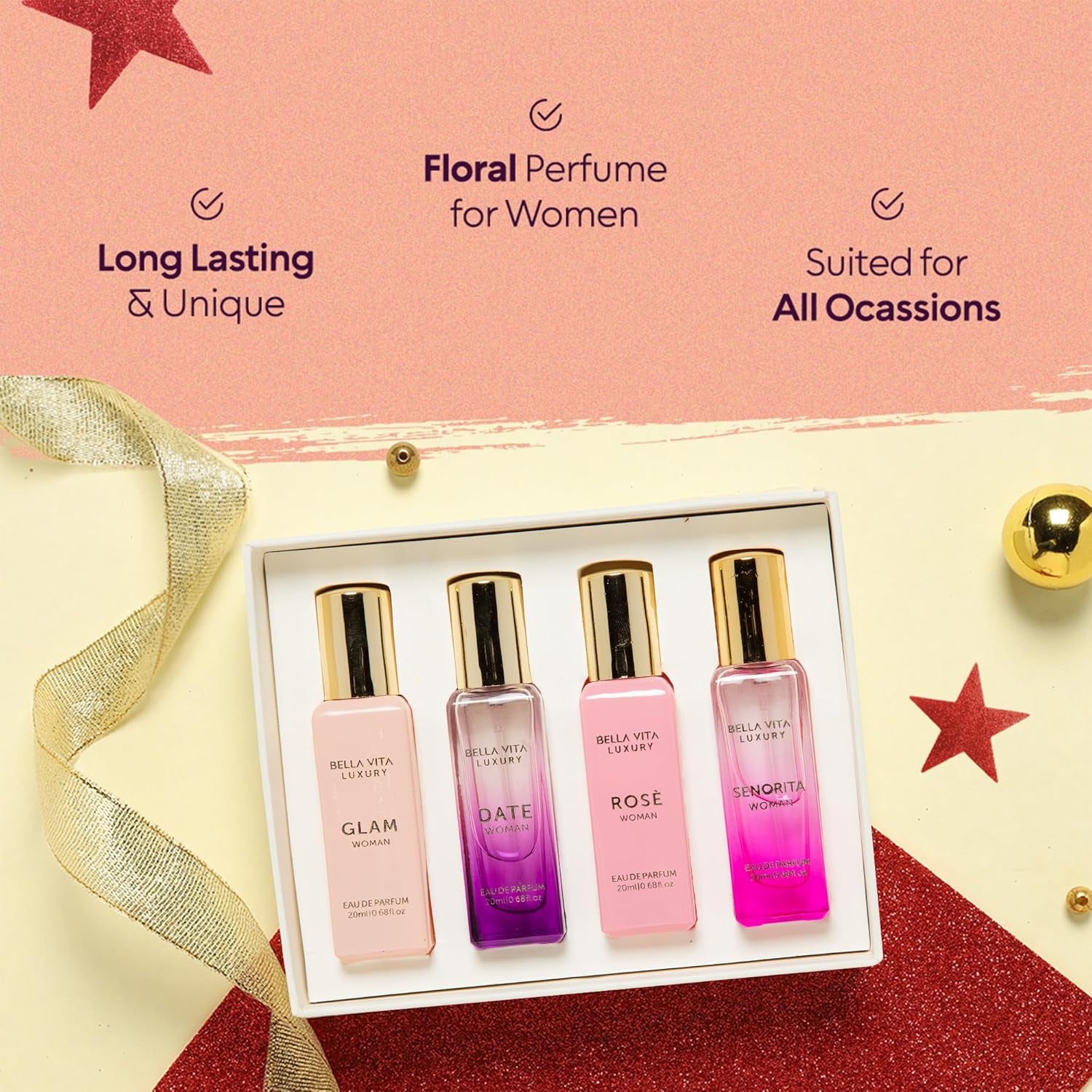 Bellavita Luxury Women's Perfume Gift Set - Includes Rose, Senorita, Date, and Glam | 80ml | Long-Lasting Fragrance with Pink Pepper, Yuzu, and Floral Peach