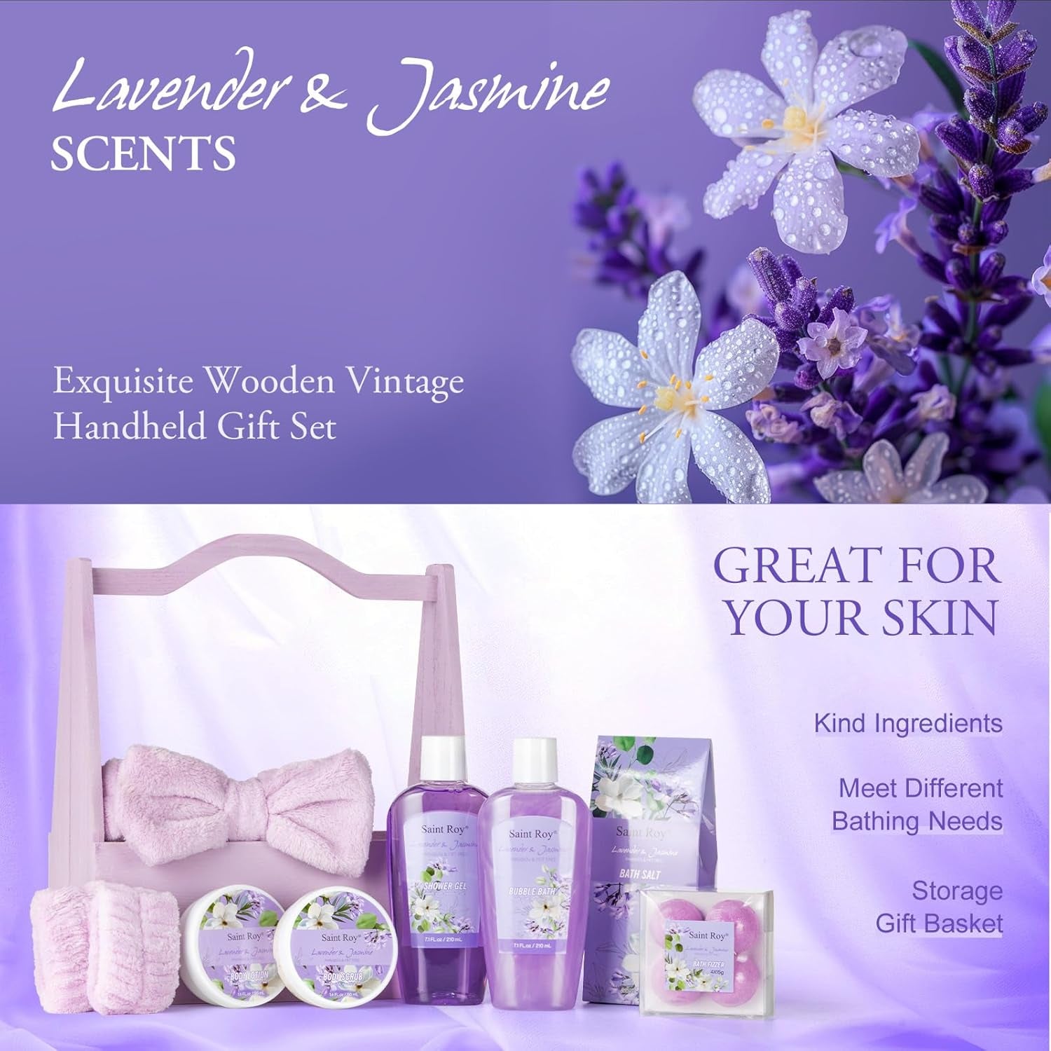 Home Spa Gift Basket for Women, Lavender Jasmine Bath & Body Care Kit