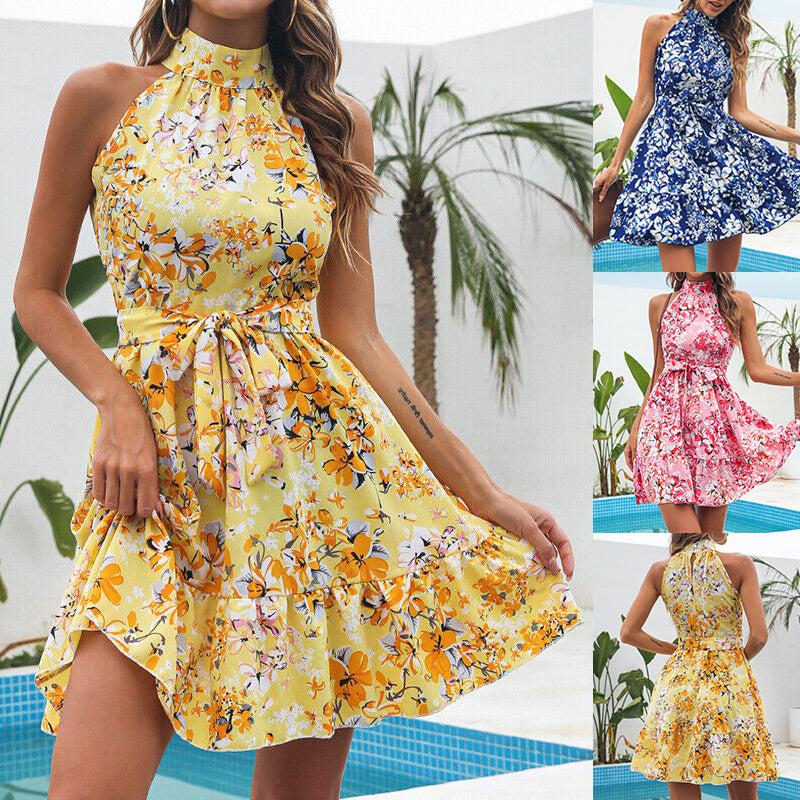 Women's Floral Halter Neck Ruffle Dress
