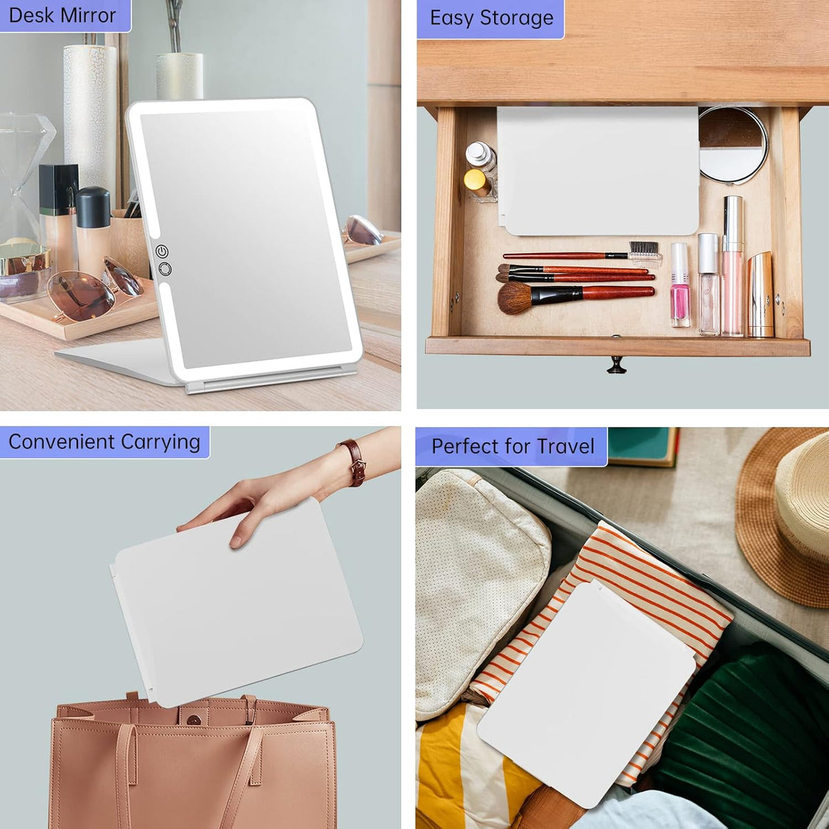 Funtoch 2500mAh Rechargeable Large Travel Makeup Mirror with Integrated Lighting