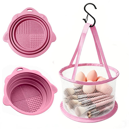 Professional Makeup Brush Cleaning Mat and Drying Basket - 3-in-1 Cleaner and Dryer Tool (Pink)