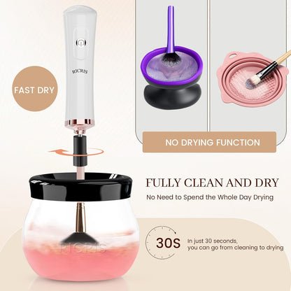 RICRIS Professional Electric Makeup Brush Cleaner and Dryer - Fast Automatic Brush Cleaning Spinner (White)