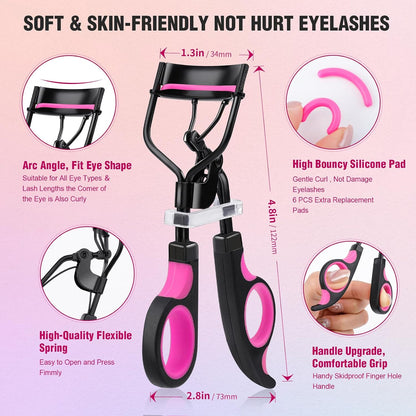 Docolor 5-in-1 Eyelash Curler Kit with Eyelash Comb, Fan Mascara Brush, Tweezers, Eyebrow Brush, and 6 Replacement Pads