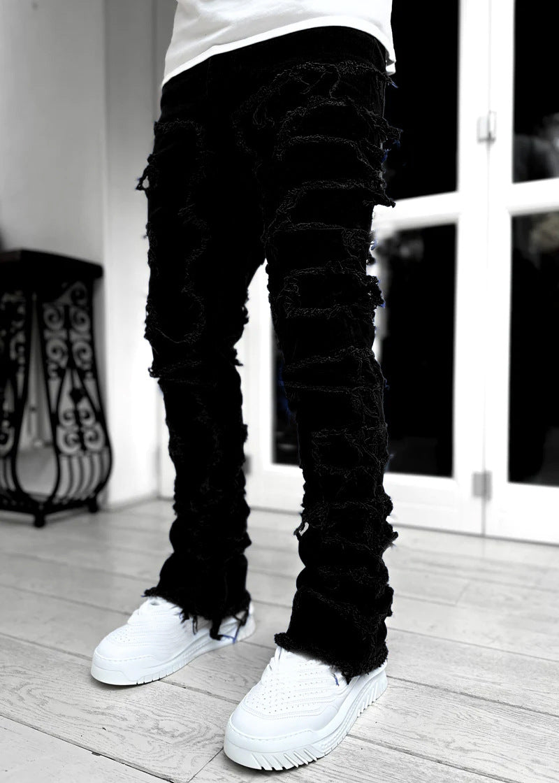Men's Ripped Patchwork Stacked Jeans
