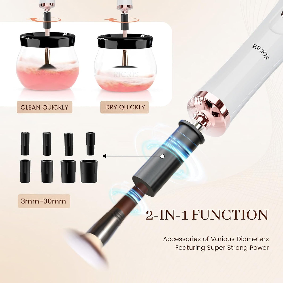 RICRIS Professional Electric Makeup Brush Cleaner and Dryer - Fast Automatic Brush Cleaning Spinner (White)