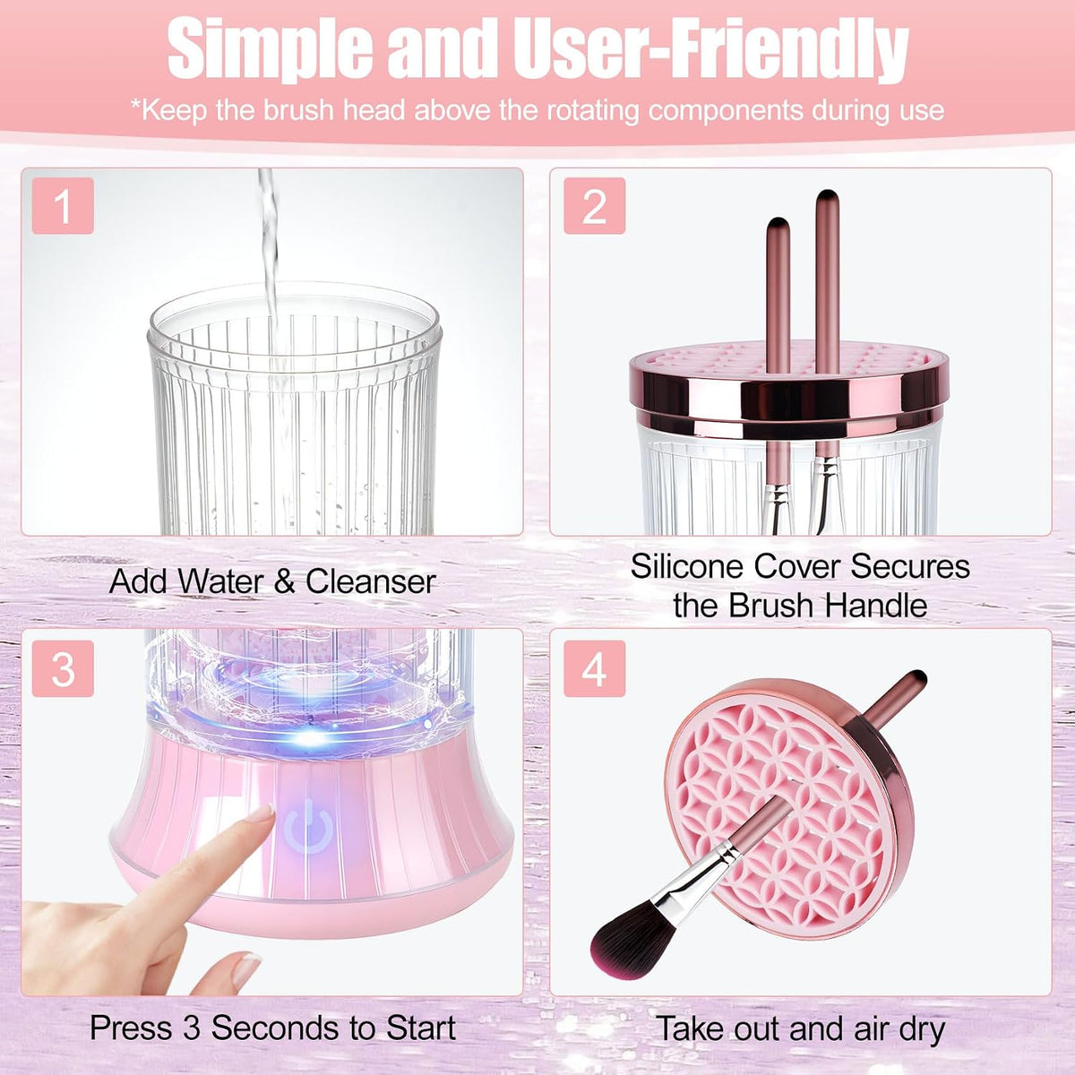 Electric Makeup Brush Cleaner Machine - USB-Powered Automatic Spinner with Dual Cleaning Modes, Portable Deep Cleaning Solution for Cosmetic Brushes, Pink