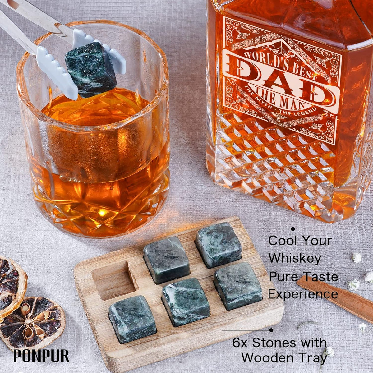 PONPUR Whiskey Decanter Set with 2 Glasses - Ideal Gift for Father's Day, Birthdays, Christmas, and Retirement