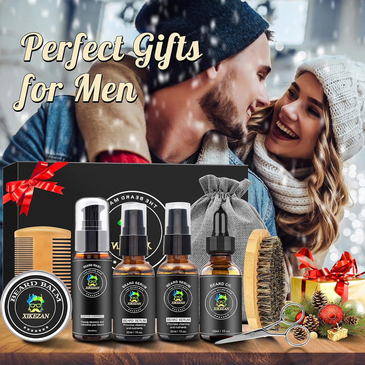 XIKEZAN Men's Beard Grooming and Care Set with Beard Serum, Wash, Oil, Balm, Comb, Brush, Scissors, Bag, and Ebook - Ideal Birthday and Holiday Gifts for Him, Dad, Husband, and Brother