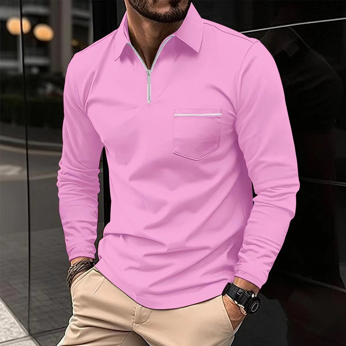 Men's Long Sleeve Zip Collar Shirt