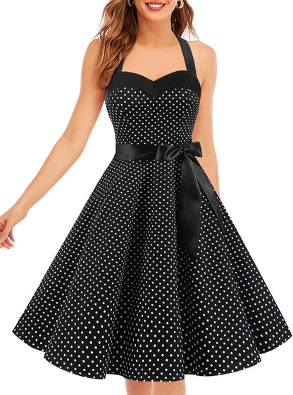 DRESSTELLS Women's Vintage 1950s Cocktail Dress - Retro Halter Swing Dress for Tea Parties