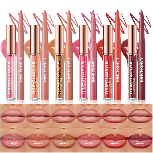 12-Piece Lip Liner and Gloss Collection, Hydrating Lip Oil Duo, Tinted Plumping Formula