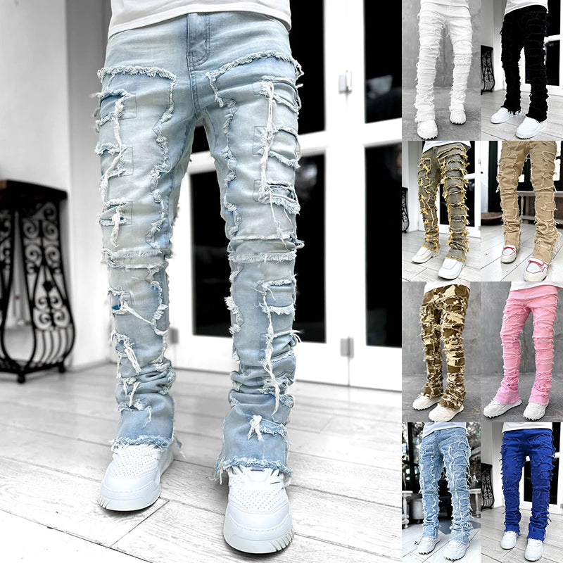 Men's Ripped Patchwork Stacked Jeans