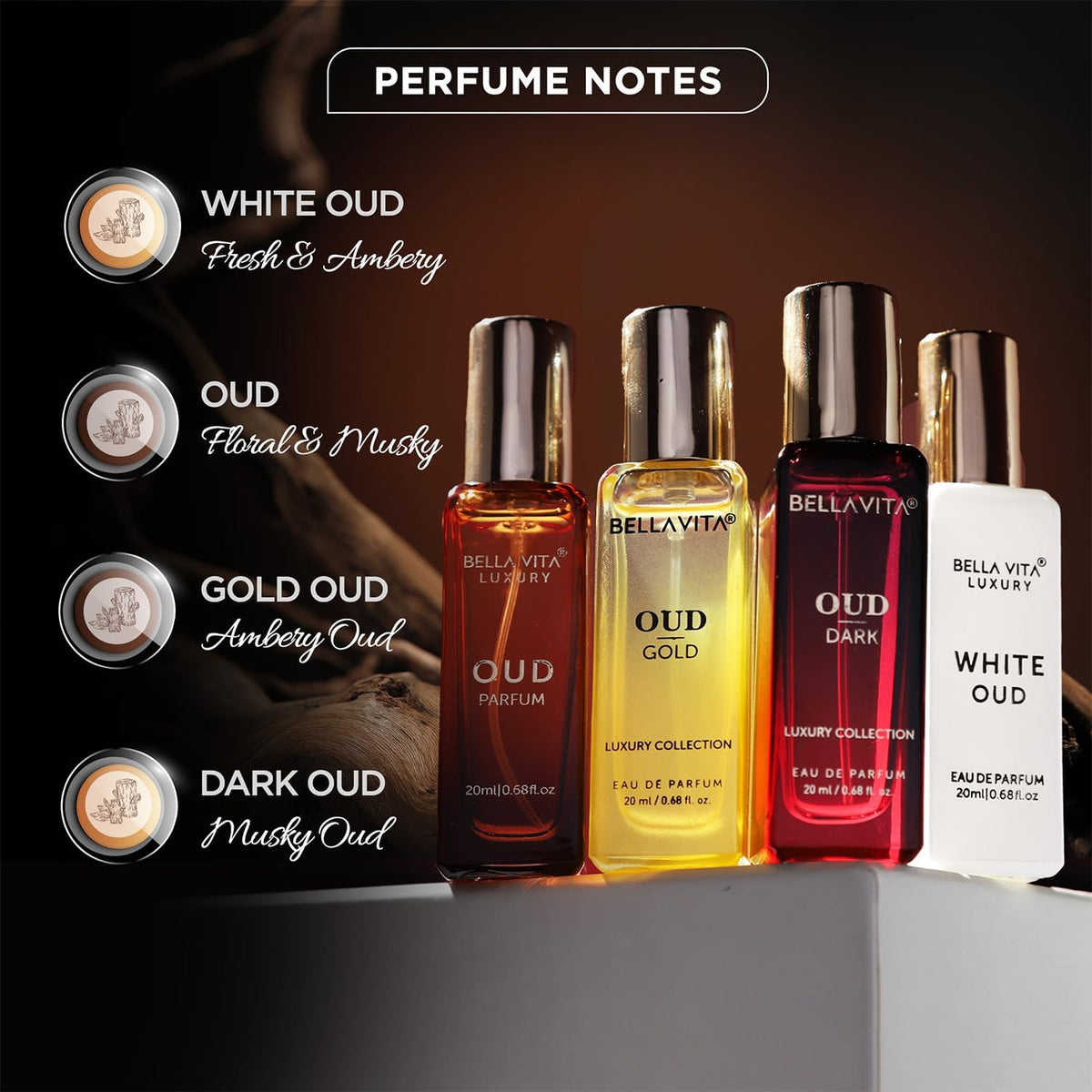 Bellavita Luxury OUD Experience Gift Set (4x20ml) – Premium Unisex Arabic Perfumes Featuring Gold, Dark, and White OUD with Notes of Caramel, Orris, Vetiver, and Citrus