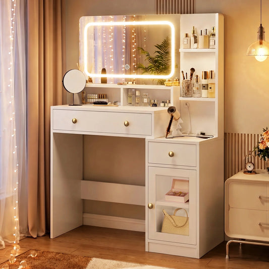 Modern White Makeup Vanity with LED Mirror, Adjustable 3-Color Lighting, Dual AC, USB & Type-C Ports, 3 Shelves, 2 Drawers, and Acrylic Cabinet for Bedroom