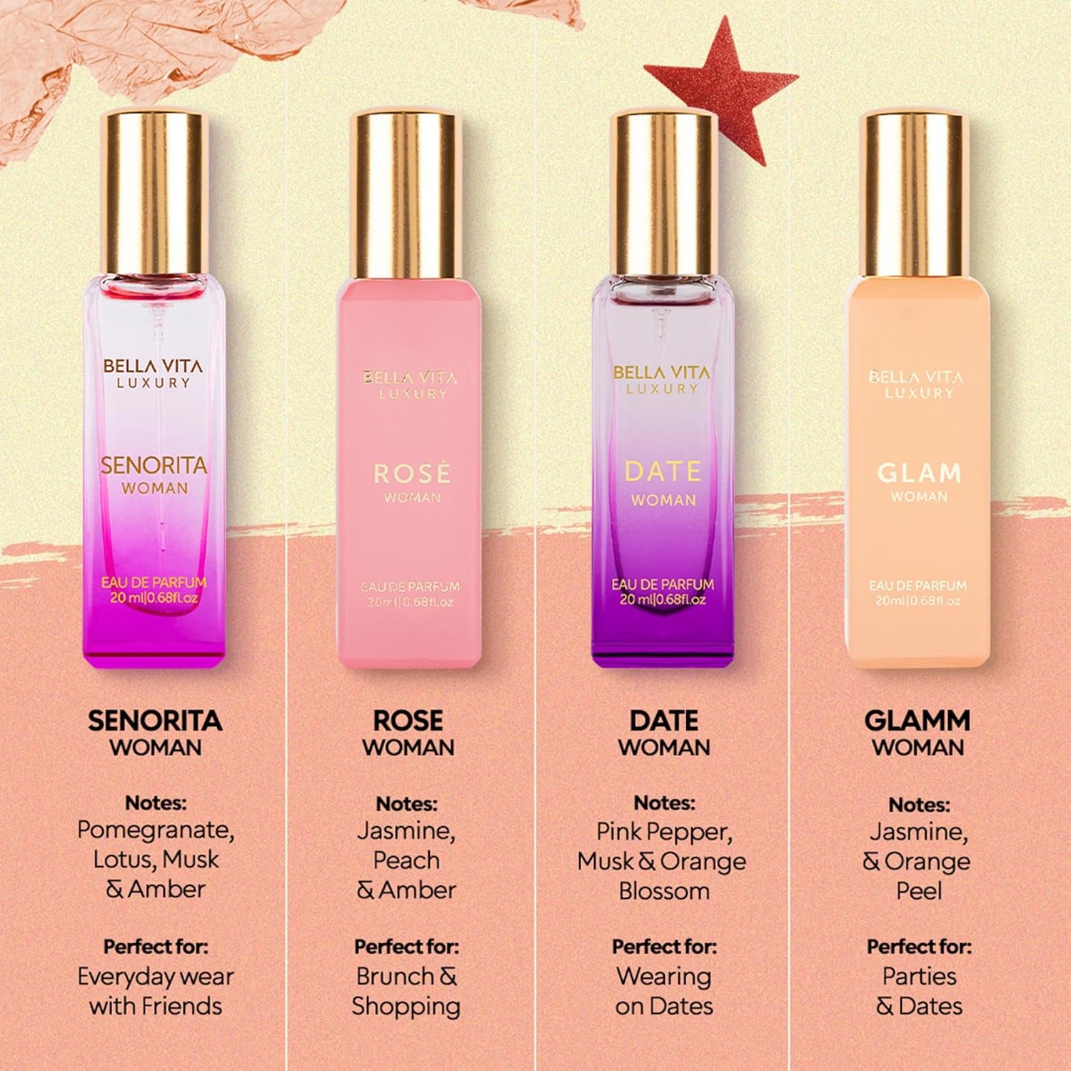 Bellavita Luxury Women's Perfume Gift Set - Includes Rose, Senorita, Date, and Glam | 80ml | Long-Lasting Fragrance with Pink Pepper, Yuzu, and Floral Peach