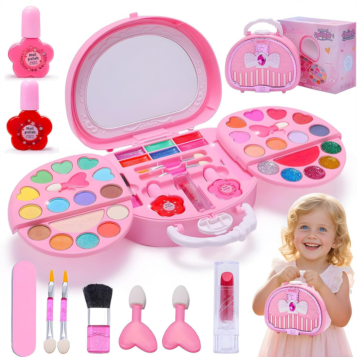 Delightful Children's Washable Makeup Kit with Mirror and Nail Polish - Perfect Pretend Play Beauty Set for Girls Ages 3 to 8