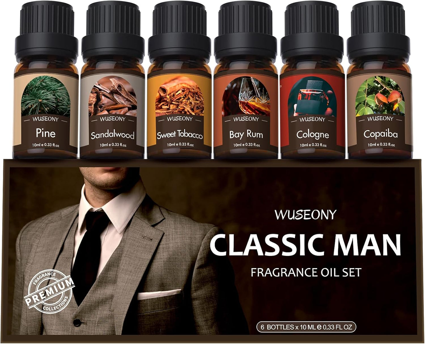 WUSEONY Classic Men's Fragrance Oil Collection - Essential Oils for Candle and Soap Making, Featuring Pine, Sweet Tobacco, Bay Rum, Cologne, Copaiba, and Sandalwood Scents