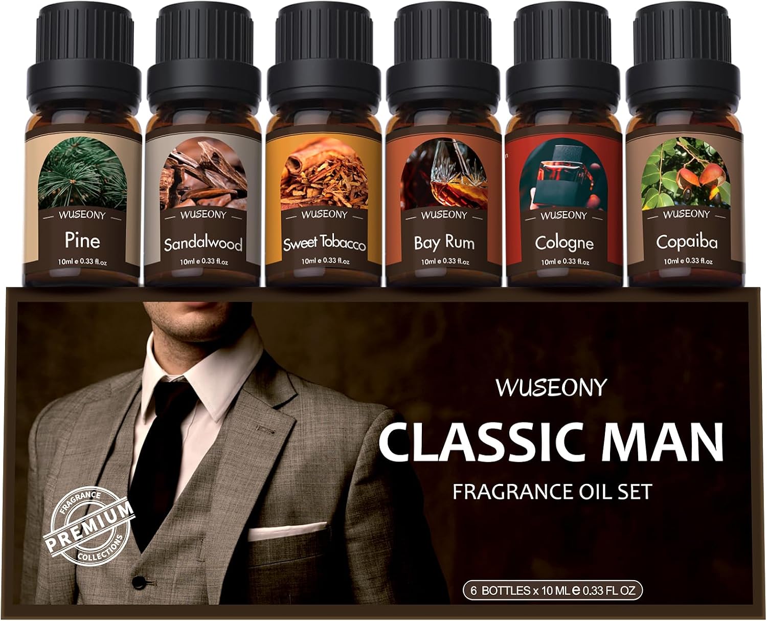 WUSEONY Classic Men's Fragrance Oil Collection - Essential Oils for Candle and Soap Making, Featuring Pine, Sweet Tobacco, Bay Rum, Cologne, Copaiba, and Sandalwood Scents