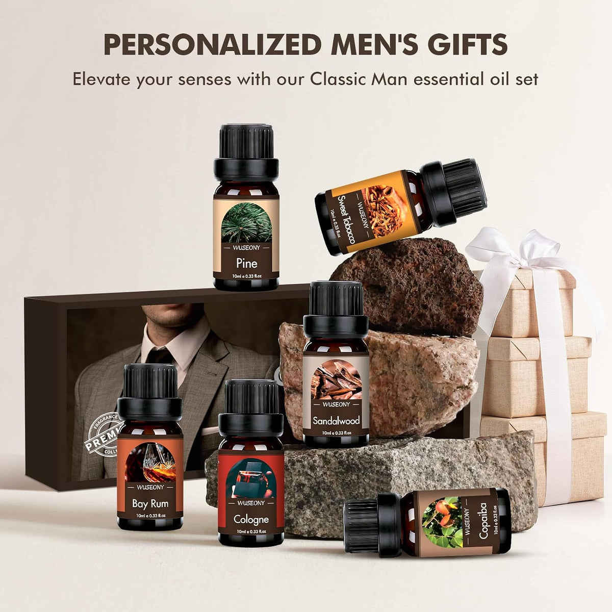 WUSEONY Classic Men's Fragrance Oil Collection - Essential Oils for Candle and Soap Making, Featuring Pine, Sweet Tobacco, Bay Rum, Cologne, Copaiba, and Sandalwood Scents