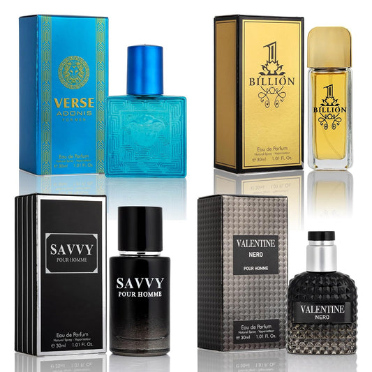 Signature Scent 4-Piece Mini Fragrance Set for Men Includes Savvy/1 Billion/Verse/Valentine Collection of Woody, Spicy, Citrus & Aromatic Fragrance Non-Irritating Ingredient Each One in 30Ml Bottle