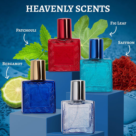Novoglow Verse Mini 4-Piece Fragrance Gift Set for Men - Aromatic, Floral, Oriental & Woody Notes - Individually Boxed - Travel Size - 25Ml Eau De Parfum
