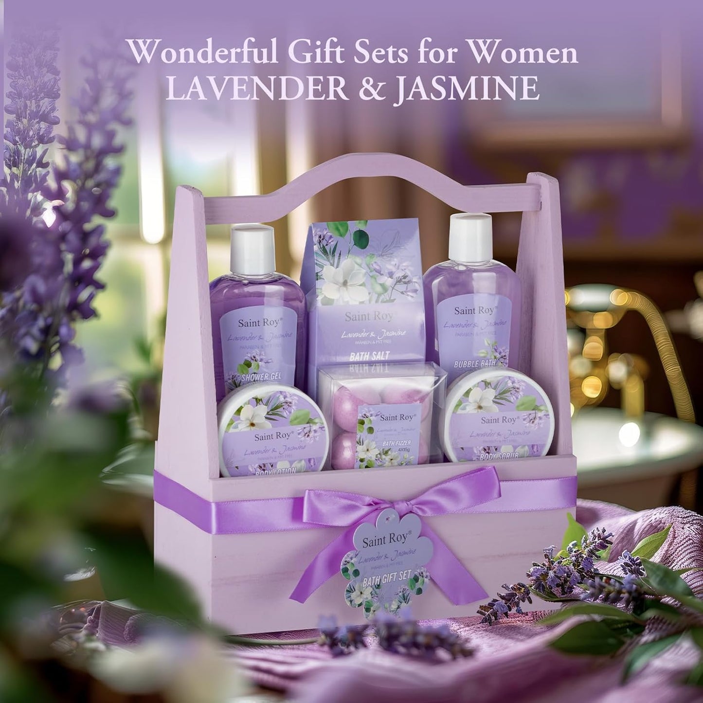 Home Spa Gift Basket for Women, Lavender Jasmine Bath & Body Care Kit