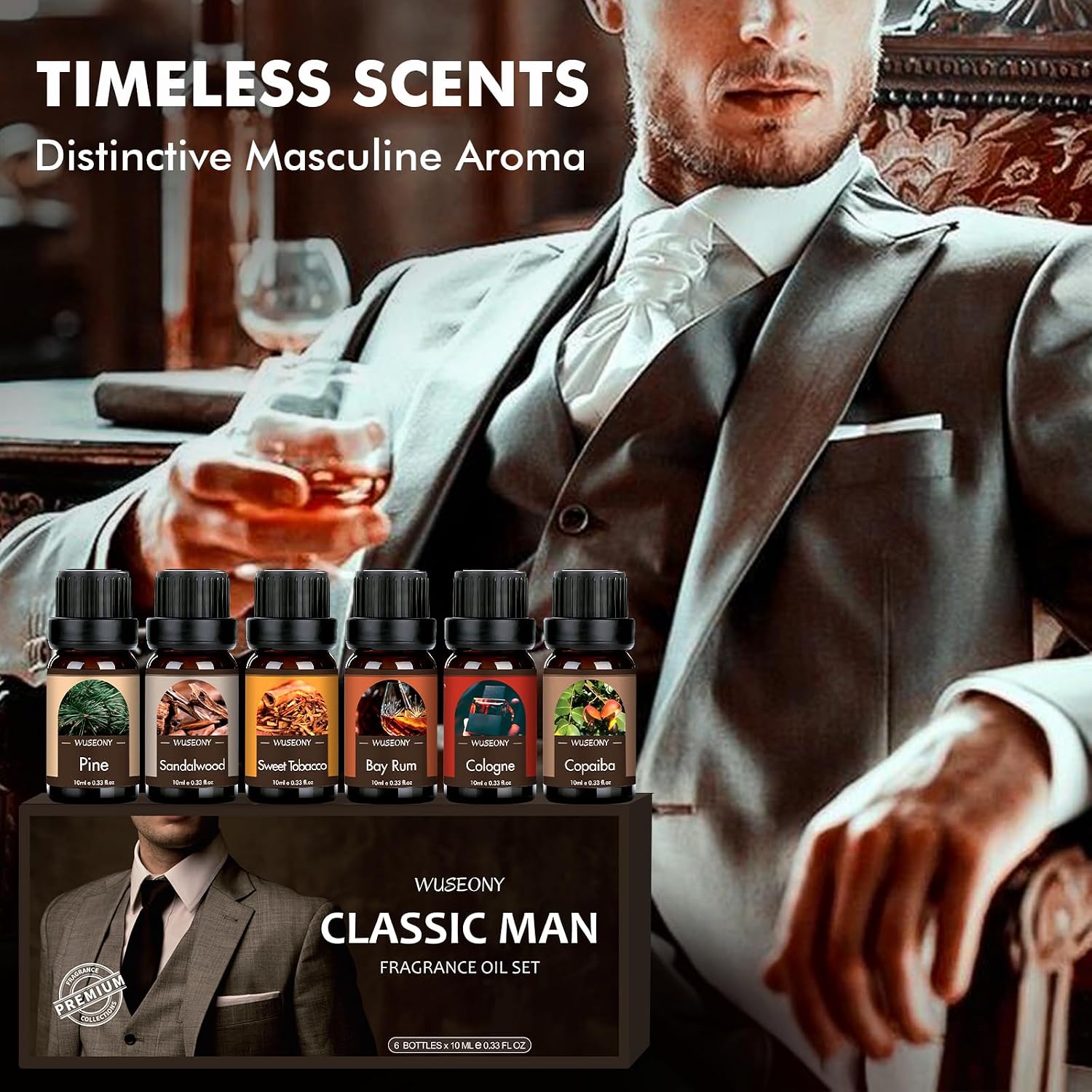 WUSEONY Classic Men's Fragrance Oil Collection - Essential Oils for Candle and Soap Making, Featuring Pine, Sweet Tobacco, Bay Rum, Cologne, Copaiba, and Sandalwood Scents