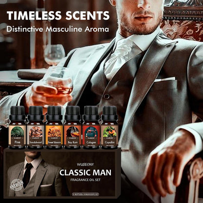 WUSEONY Classic Men's Fragrance Oil Collection - Essential Oils for Candle and Soap Making, Featuring Pine, Sweet Tobacco, Bay Rum, Cologne, Copaiba, and Sandalwood Scents