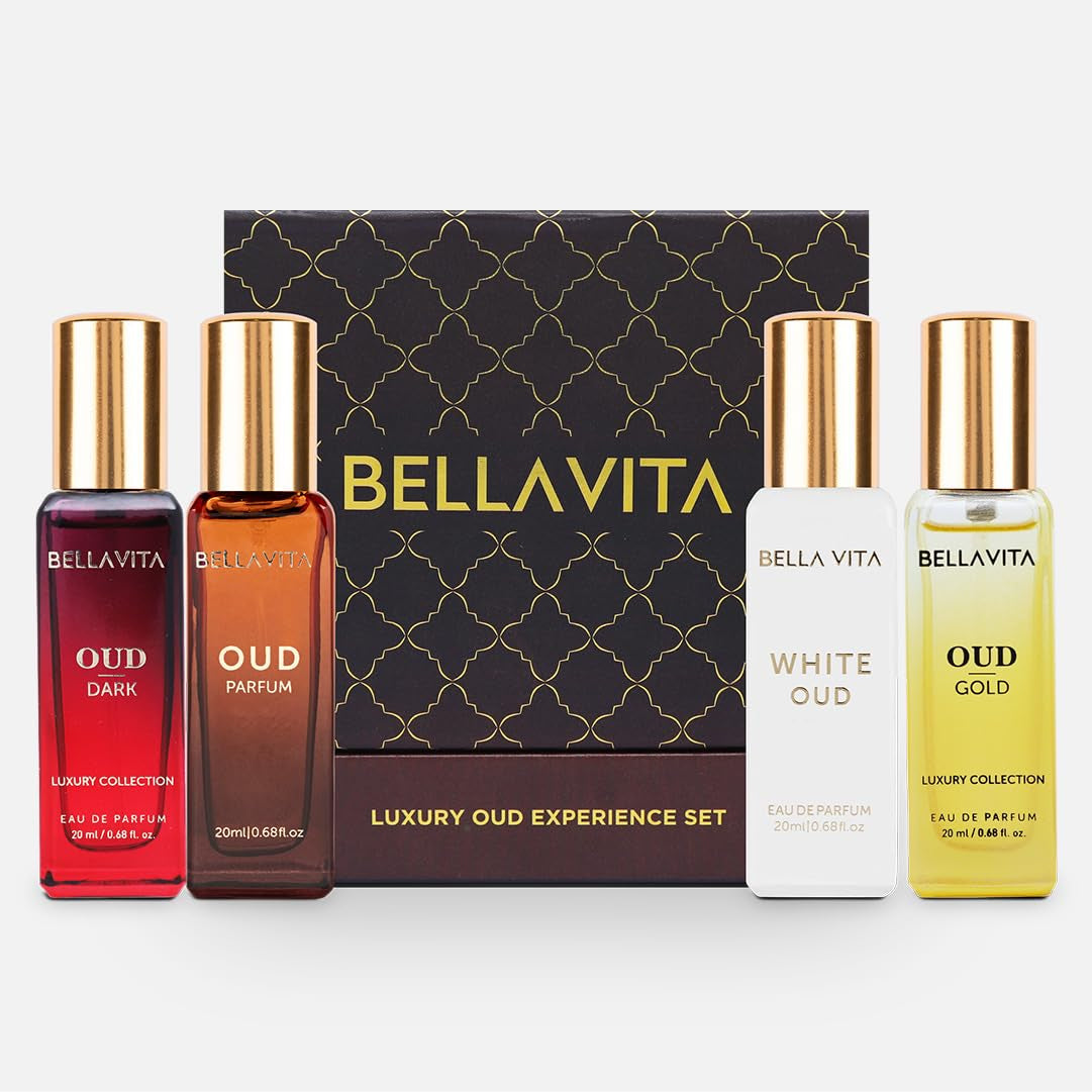 Bellavita Luxury OUD Experience Gift Set (4x20ml) – Premium Unisex Arabic Perfumes Featuring Gold, Dark, and White OUD with Notes of Caramel, Orris, Vetiver, and Citrus