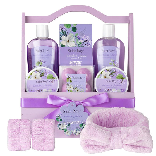 Home Spa Gift Basket for Women, Lavender Jasmine Bath & Body Care Kit