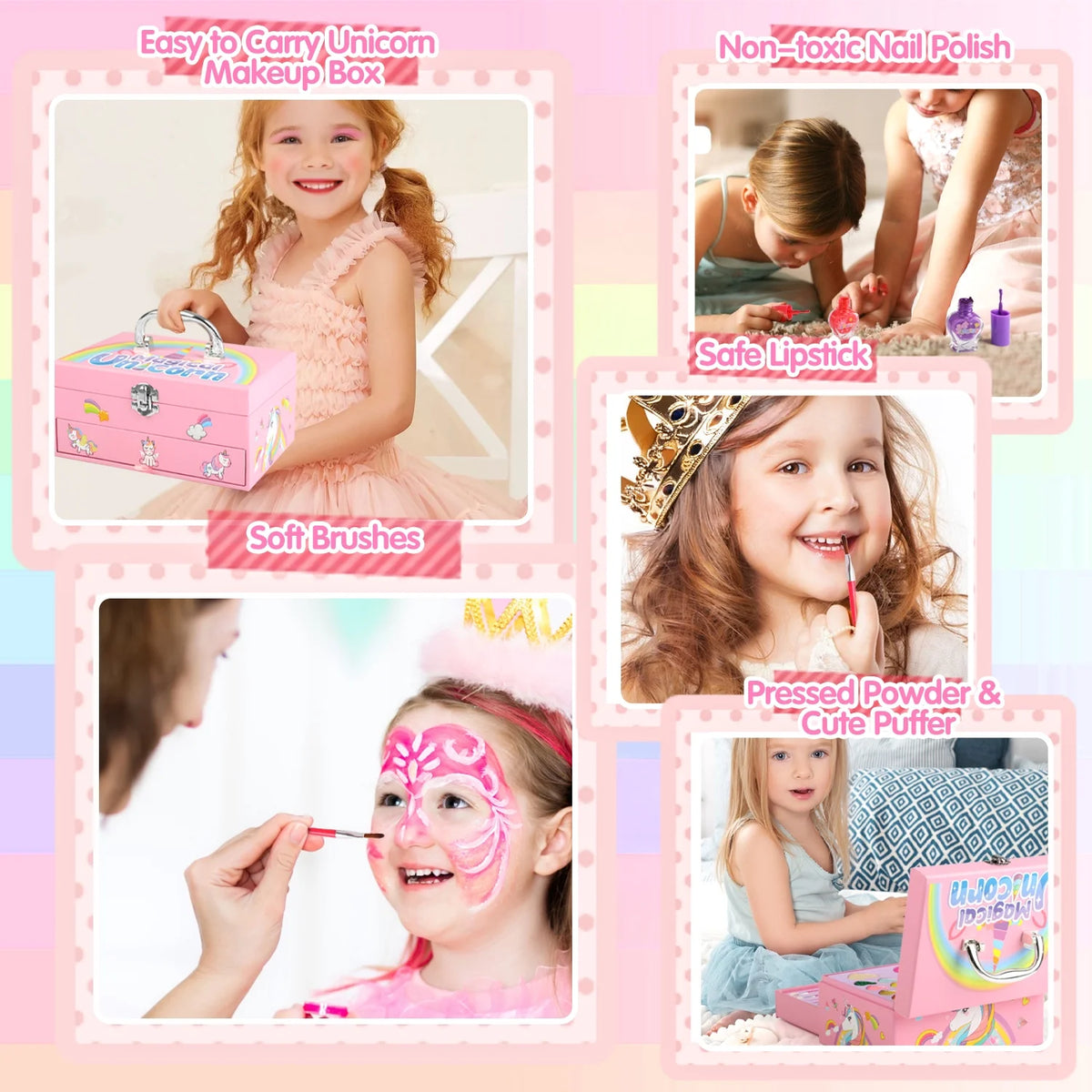 36-Piece Unicorn Makeup Kit for Girls – Real Washable Pretend Play Cosmetic Set with Mirror, Ideal Birthday Gift for Ages 4 to 9, Pink
