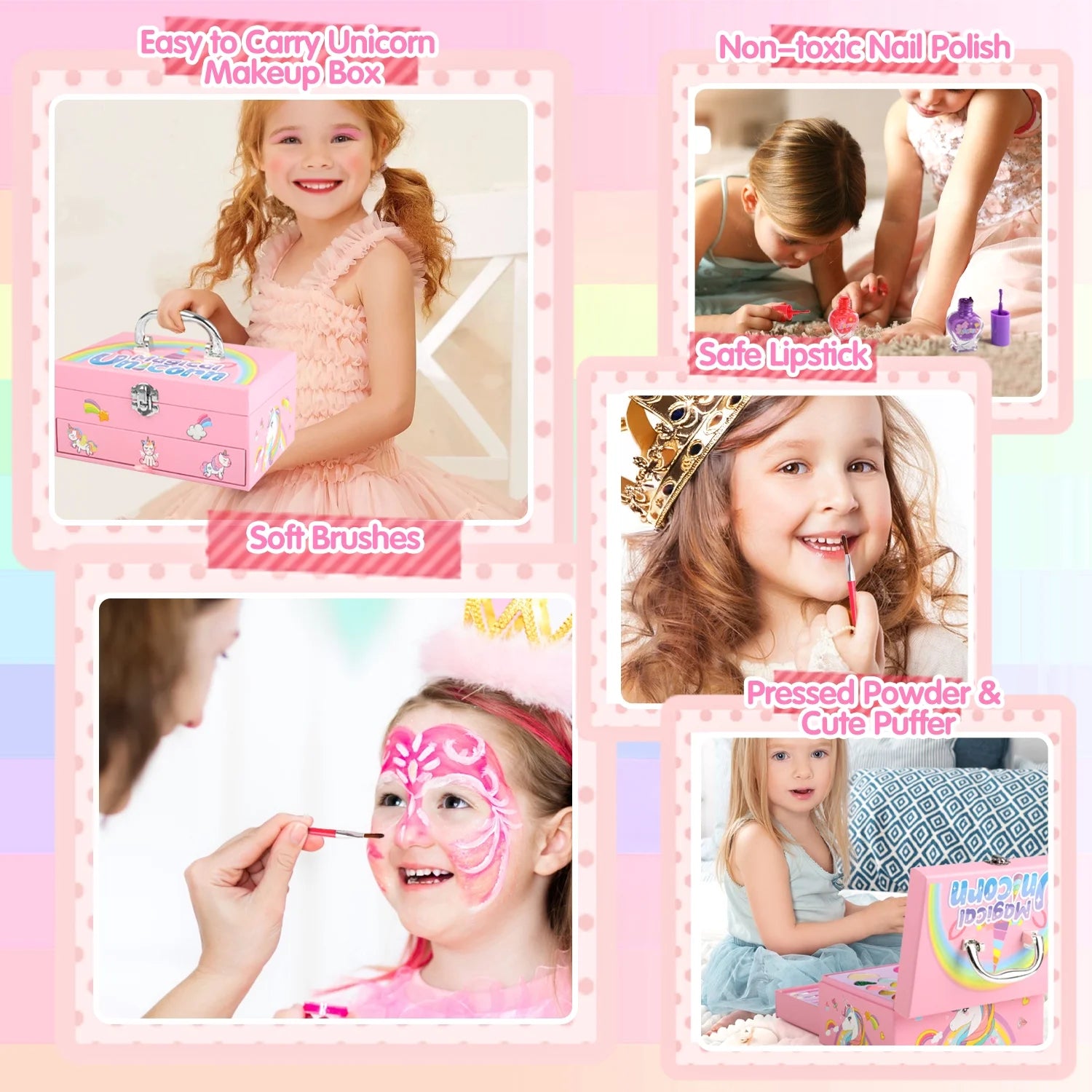 36-Piece Unicorn Makeup Kit for Girls – Real Washable Pretend Play Cosmetic Set with Mirror, Ideal Birthday Gift for Ages 4 to 9, Pink