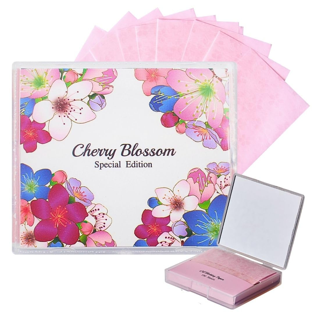 Cherry Blossom Natural Oil Blotting Paper with Mirror Case - 100 Sheets, Korean Skincare Essential