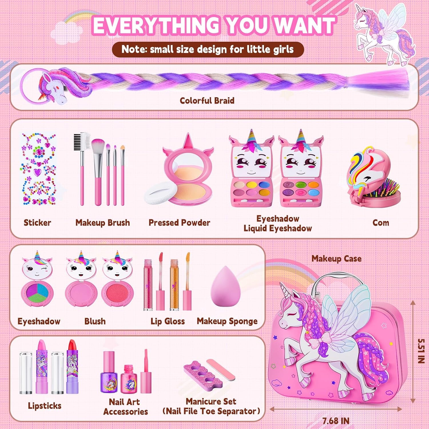 Beayuck Children's Makeup Kit - Washable Cosmetic Set with Storage Case for Girls Aged 3-12, Ideal for Birthdays and Christmas, Pink