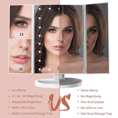 LED Lighted Makeup Mirror with Trifold Design, 1X/2X/3X Magnification and 10X Magnifying Mirror, Touch Control, Portable, White