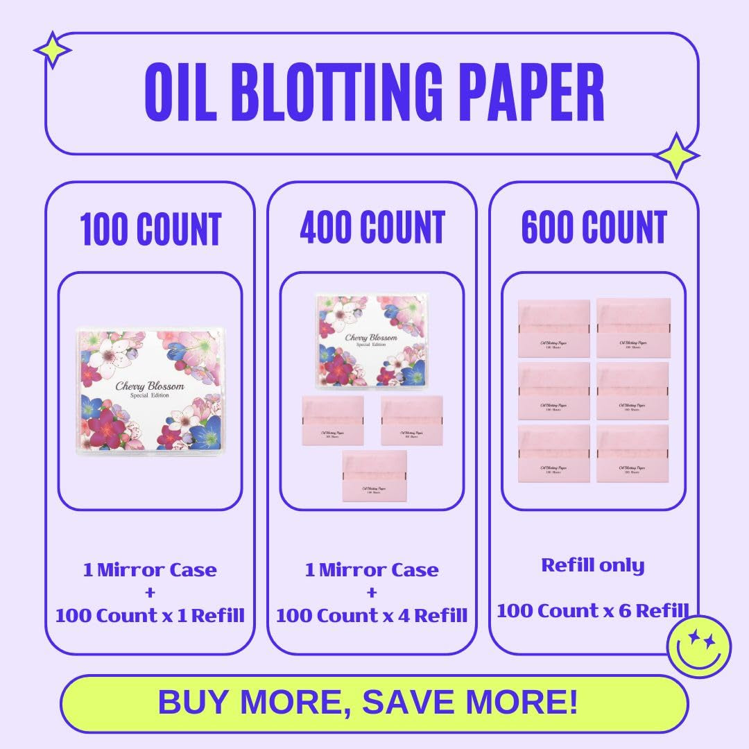 Cherry Blossom Natural Oil Blotting Paper with Mirror Case - 100 Sheets, Korean Skincare Essential
