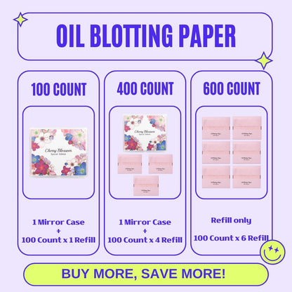 Cherry Blossom Natural Oil Blotting Paper with Mirror Case - 100 Sheets, Korean Skincare Essential