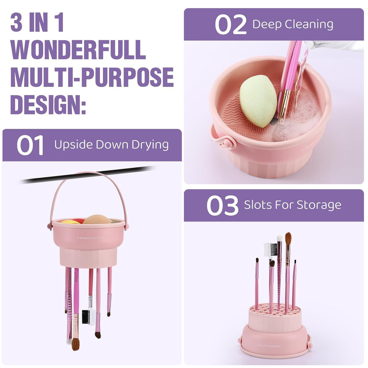 3-in-1 Silicone Makeup Brush Cleaning Bowl and Mat (Purple)