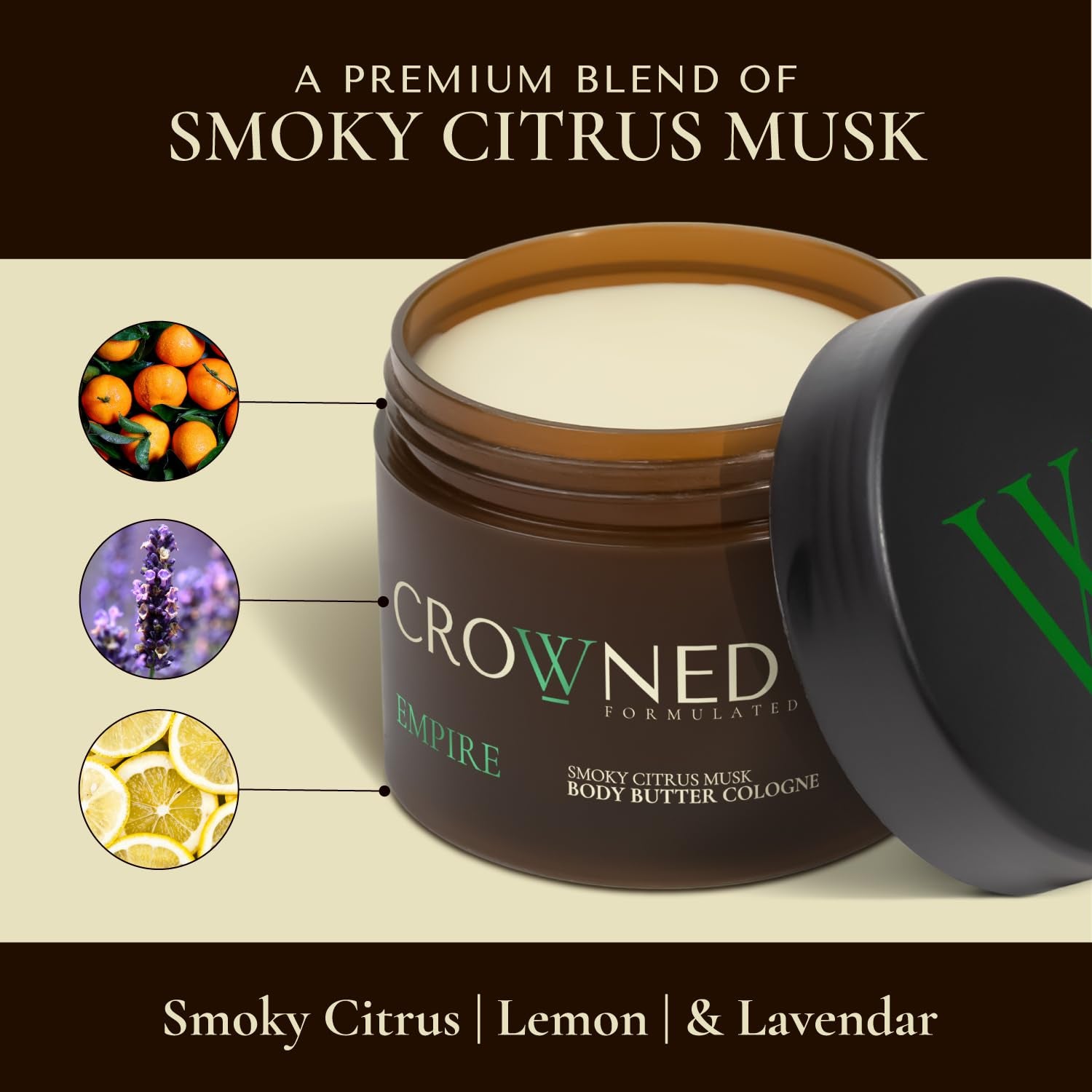 Crowned Skin Empire Men's Body Butter Cologne | Smoky Citrus Musk | Featured on Shark Tank | Infused with Lemon, Lavender, Shea, and Mango Butters | Long-Lasting Fragrance | 4.4 oz