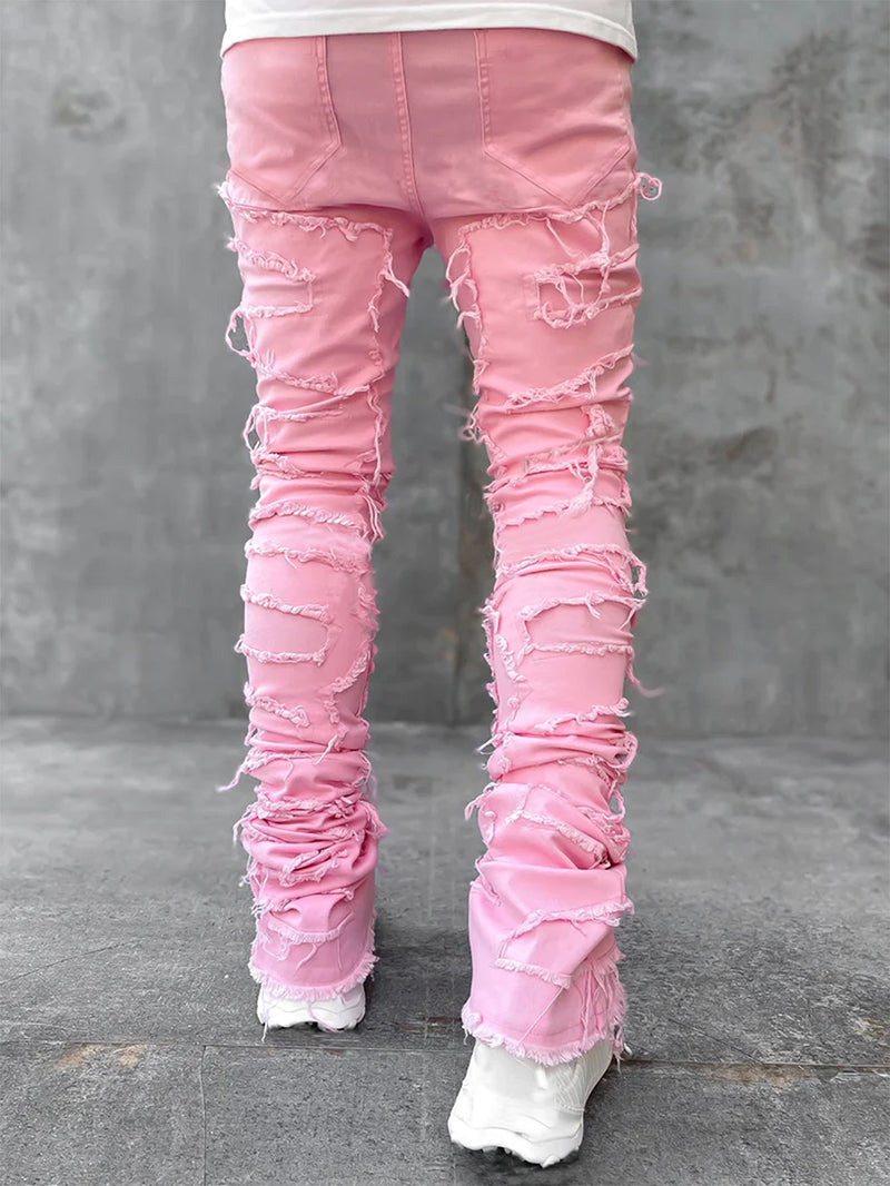 Men's Ripped Patchwork Stacked Jeans