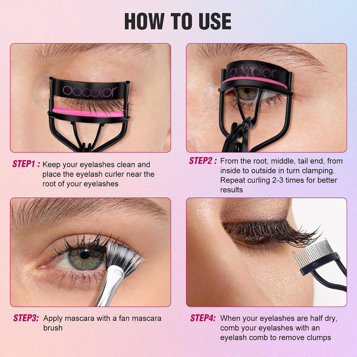 Docolor 5-in-1 Eyelash Curler Kit with Eyelash Comb, Fan Mascara Brush, Tweezers, Eyebrow Brush, and 6 Replacement Pads