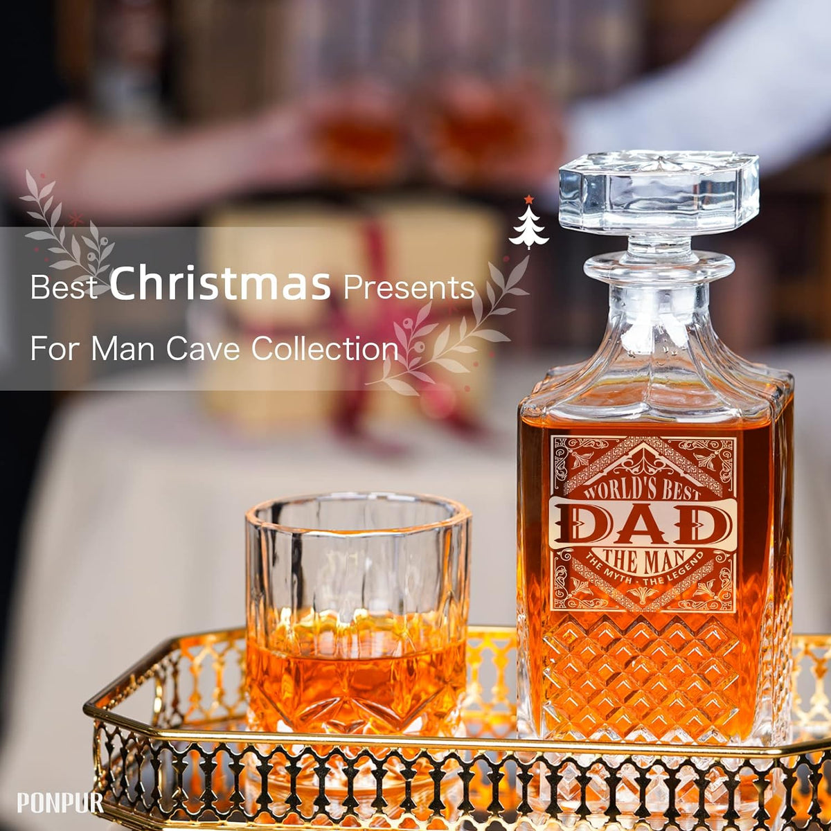 PONPUR Whiskey Decanter Set with 2 Glasses - Ideal Gift for Father's Day, Birthdays, Christmas, and Retirement