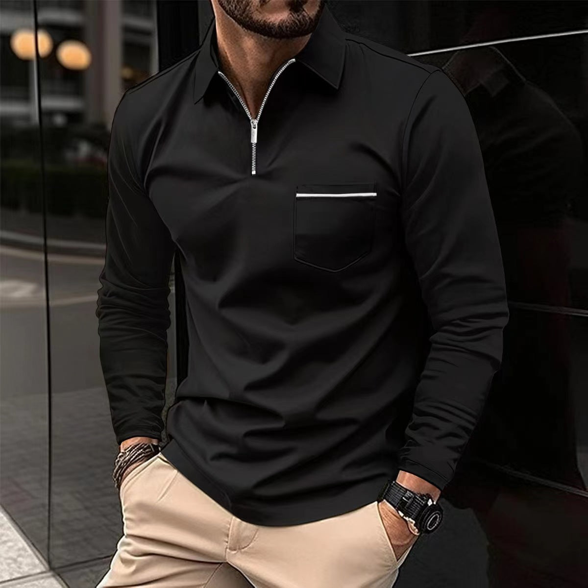 Men's Long Sleeve Zip Collar Shirt