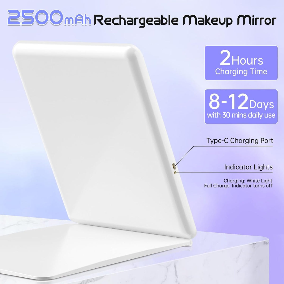 Funtoch 2500mAh Rechargeable Large Travel Makeup Mirror with Integrated Lighting