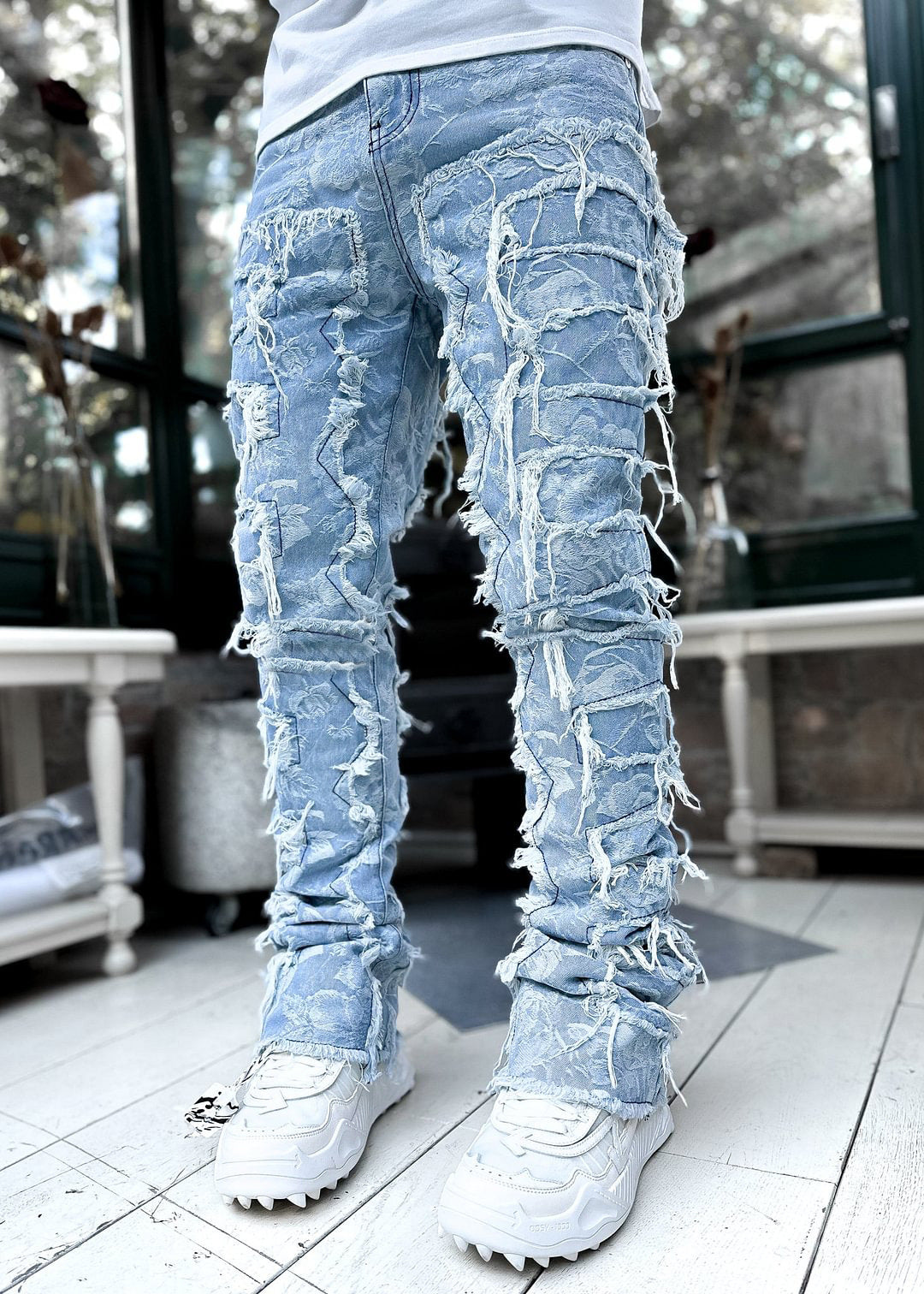 Men's Ripped Patchwork Stacked Jeans