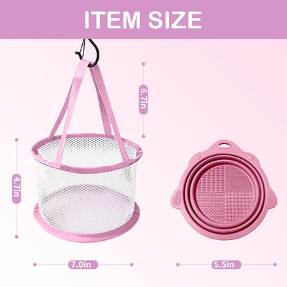 Professional Makeup Brush Cleaning Mat and Drying Basket - 3-in-1 Cleaner and Dryer Tool (Pink)