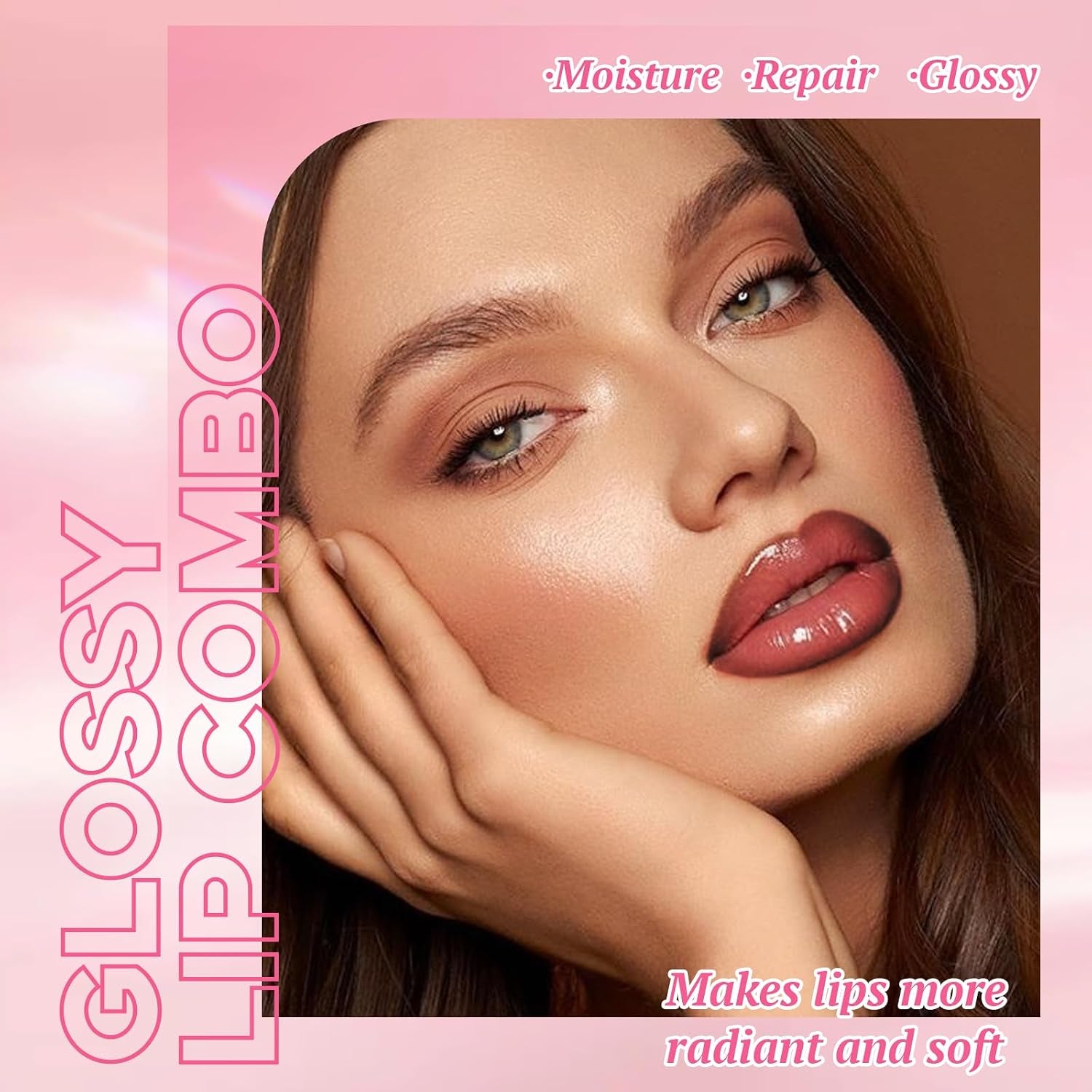 HOSAILY Nourishing Lip Gloss and Brown Lip Liner Duo, Hydrating Plumping Lip Glow Oil Set for Women, Moisturizing Lightweight Long-Lasting High Shine Lip Tint, Mini Liquid Lipstick Makeup Collection