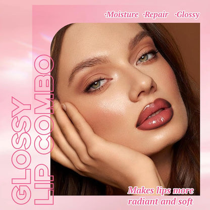 HOSAILY Nourishing Lip Gloss and Brown Lip Liner Duo, Hydrating Plumping Lip Glow Oil Set for Women, Moisturizing Lightweight Long-Lasting High Shine Lip Tint, Mini Liquid Lipstick Makeup Collection