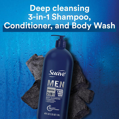 Suave Men Shampoo Conditioner Bodywash 3 in 1 Charcoal &Warm Ginger to Cleanse and Nourish Hair and Skin, 40 Oz Pack of 3