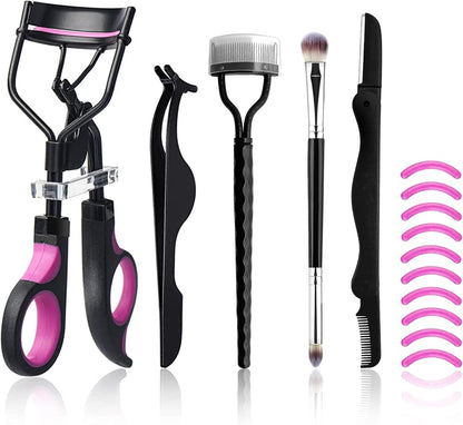 MUIIGOOD Professional Eyelash Curlers Kit for Women with Curler, Eyelash Comb, Eyeshadow Brush, Extension Tweezers, Foldable Eyebrow Razor, and 10 Silicone Refill Pads for Natural Lashes